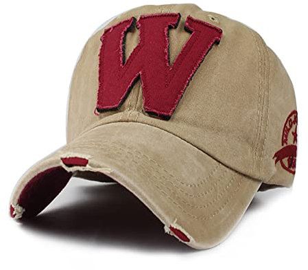 YULOONG Vintage Baseball Cap Denim Bestickt W Trucker Hat Retro Sonnenhut mit ausgefransten Kanten 100% Baumwolle Outdoor Cap Unisex Khaki