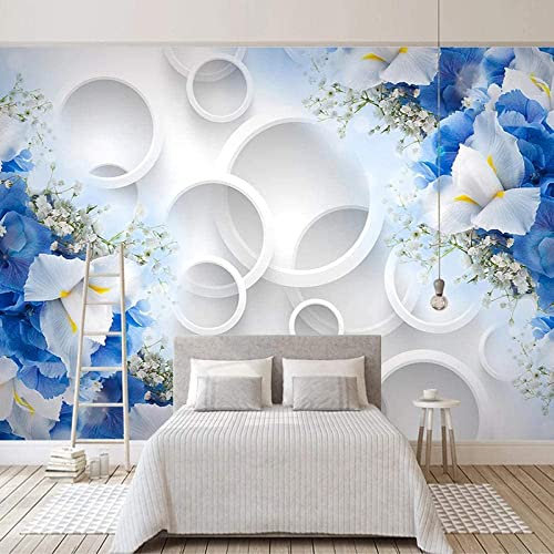 Papier Peint Mural Pour Chambre À Coucher Fleurs Bleues Rondes En Trois Dimensions 3D Auto-Adhésif Mural Papier Peint Photo Papier Peint Moderne Salon Mur Fond Tv Mur Canapé Étude Déco 140(L)x70(H)cm