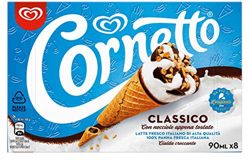 Cornetto Algida Classico, Gelato alla Panna Ricoperto con Cacao, Granella di Nocciole e Meringhe e Punta al Ciccolato, con Latte Fresco Italiano di Alta Qualità e 100% Panna Fresca Italiana, 8x90 ml