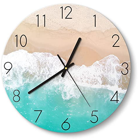 DEQORI Glasuhr | rund Ø 30 cm | Motiv Wellen brechen am Strand | ausgefallene leise Design Uhr aus Glas | Wanduhr für Wohnzimmer & Küche | Moderne Hingucker Uhr für die Wand