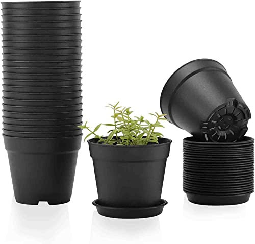 FJAUOQ Kunststoff Blumentopf mit Untersetzer Plastik Übertopf Kräutertopf mit Mehrere Ablauflöchern Rund Pflanzkübel für Innen und Balkon Sukkulenten Kaktus,Schwarz,20