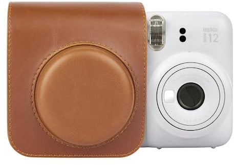 MUZIRI KINOKOO Funda protectora para cámara instantánea Fuji Instax Mini 12, piel sintética, con bolsillo para fotos, con correa ajustable para el hombro, color marrón retro