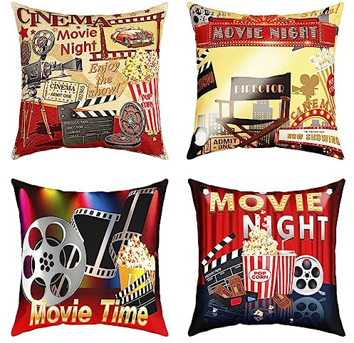Movie Theater Decor Kissenbezüge 45x45cm 4er Set Weich Movie Night Dekokissen für Couch Sofa Popcorn Dekorative Kissenbezüge Kino Outdoor Kissenbezüge Zierkissenbezüge Kissen Fall Kopfkissenbezug