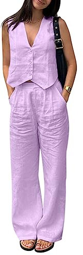 Minetom Tailleur 2 Pièces Femme Ensemble sans Manches Blazer Couleur Unie Gilet Haut Top et Pantalon Survêtement Ensemble 2pcs C Rose L