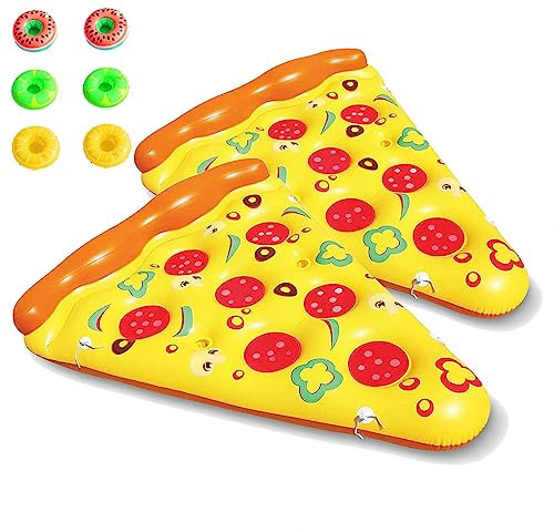 JUNZAI WasserhäNgematte Erwachsene, Pizza WasserhäNgematte, Mit 3/6 GeträNkehaltern Pizza Luftmatratze FüR Kinder Und Erwachsene,2PCS