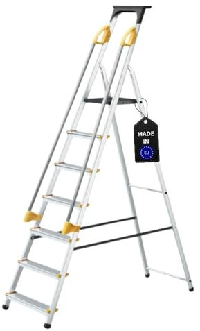 PROREGAL Stufenstehleiter Atlas mit Werkzeugablage & Handlauf | einseitig begehbar | 7 Stufen | Arbeitshöhe 3,40m | Traglast 150kg | Alu Leiter Vielzweckleiter Klappleiter Arbeitsleiter