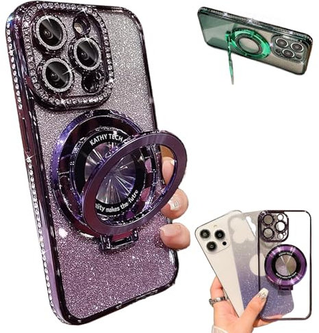 Zlimpty Glitter Rhinestones Gradient iPhone Case with Invisible Stand, Magnetic, Lens Protection for iPhone 15 Pro Max (Purple)