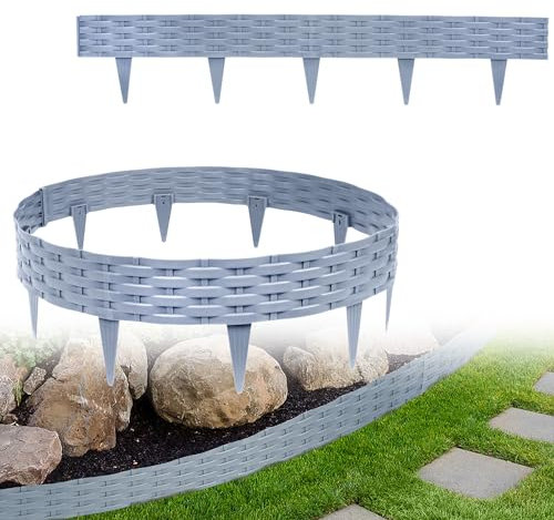 Yznahre Beetumrandungen Rasenkante Rattan-Optik, 5M Beeteinfassung Zaun Gartenpalisade Mähkante Flexible Garten Rasenkanten aus Kunststoff 20 cm Hoch, Grau (5 x 100cm)