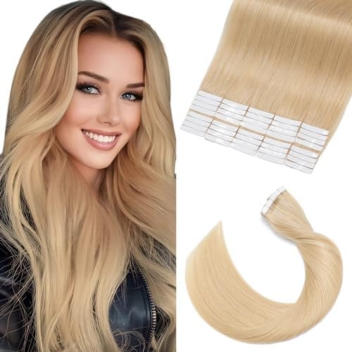 Elailite Tape in Hair Extensions Real Human Hair 40 Pcs 100g - Seamless Skin Weft Remy Hair Extension Straight Glue in (24 Natural Blonde, 18 Inch)