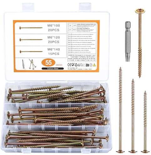 55 Piezas M6 Tornillos para Madera, Universal Tornillos para Torx, Tornillos Multiusos, Tornillos Autorroscantes, Tornillos de Cabeza Alomada para Construcción de Tejado Terrazas