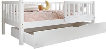 TIMBEE Lena - Box Holz Etagenbett - mit Schublade und Gitterstäben - Skandinavischer Stil - Massive Konstruktion aus Naturholz - Option mit Schublade - Weiß - 100x200cm