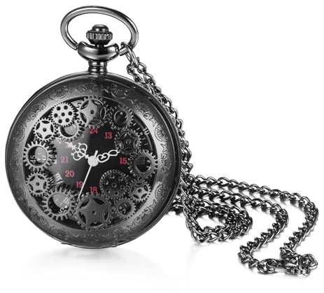 JewelryWe Zahnrad Taschenuhr Herren mit Kette: Schwarz Analog Quarz Kettenuhr Vintage Zahnrad Design Uhr Anhänger Halskette mit Schwarz Römischen Arabischen Ziffern Zifferblatt Geschenk