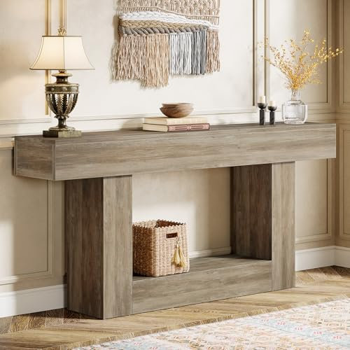 Tribesigns Table console de 160 cm, table d'entrée à 2 niveaux avec base en forme de U, table étroite et longue en bois derrière le canapé pour salon, couloir, foyer, gris clair