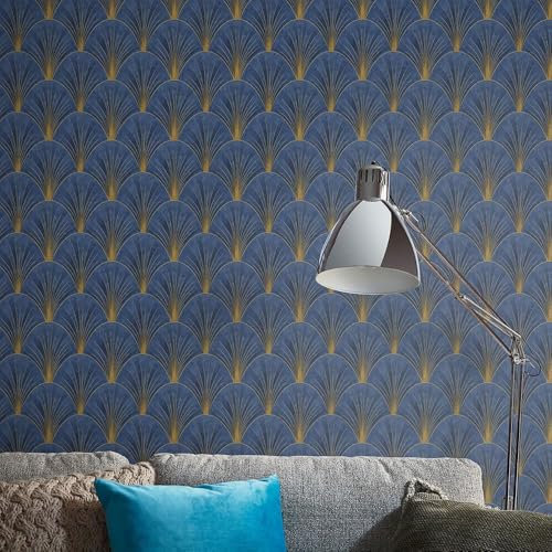 Erismann 10451-08 Non-Woven Wallpaper Elle Fans Art Deco Graphic Blue Gold Metallic