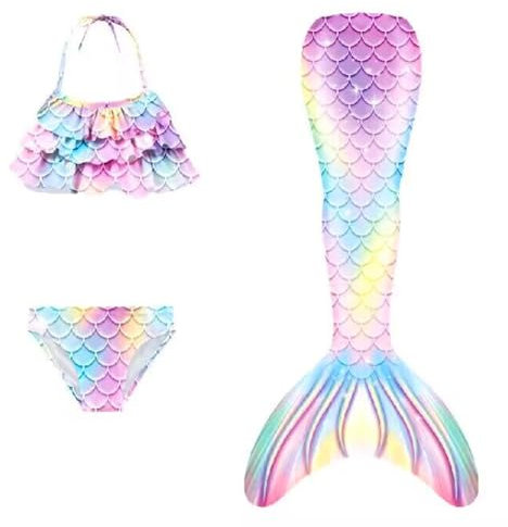 CEWIFO Badeanzug Mädchen 122 Mit Simulierter Meerjungfrauen-Schwanz,hoch Taillierter Und Hose Oberteil Kostüm Meerjungfrau Kind Meerjungfrauenflosse Kinder(A2-Lila,130)