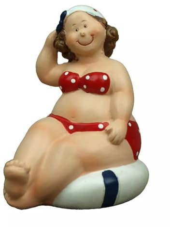 Generisch Deko Figur Mollige Badenixe Dicke Dame Frau im Badeanzug Urlauberin Badefrau Polyresin Schwimmring (3999ROT-A)