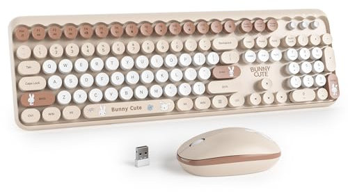 SbocKeeb Keyboard and Mouse Wireless, American QWERTY Cute Typewriter Wireless 2.4GHz Colorful Full Size Keyboard with Number Pad, for Windows PC Laptop (Bunny Beige)