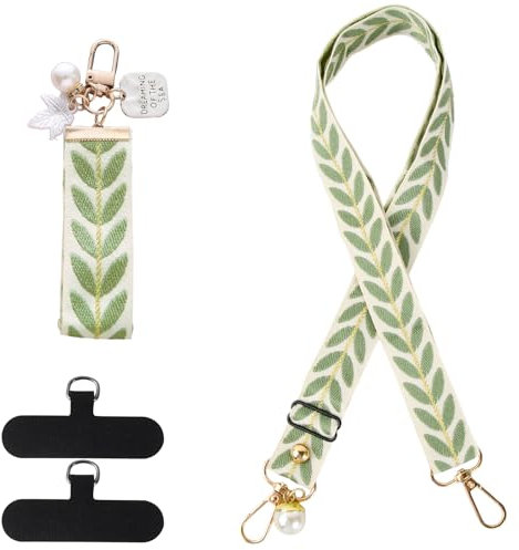 Naapesi Tour de Cou Téléphone, Universelle Cordon Collier Réglable, Lanières Large de Smartphone, Bandoulière Portable avec Patch & Keychain, Sangle en Coton Perle Bijou pour Femme, Feuilles de Vigne