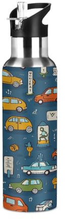 Mexpekil Cartoon Cars Pattern Water Bottles 600ml Insulated Stainless Steel Water Bottle with Straw Leakproof Vacuum Flask for Kids Adults