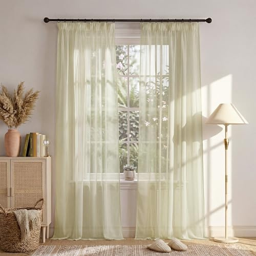 PONY DANCE Sheer Curtains 55x90 inches - Pencil Pleat Window Net Curtains for Bedroom/Living Room, Semi Transparent Voile Panels, Triple Drawstring for Easy Hanging, Set of 2, Creamy Beige