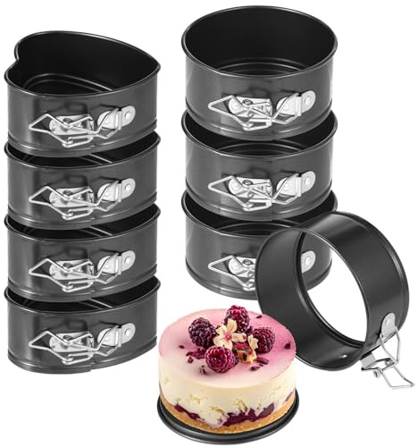 Small Cheesecake Pans, 8 Pcs Mini Springform Pans Set, 4 Inch Round and Heart Shaped Cake Molds, Non-Stick Carbon Steel, Removable Bottom