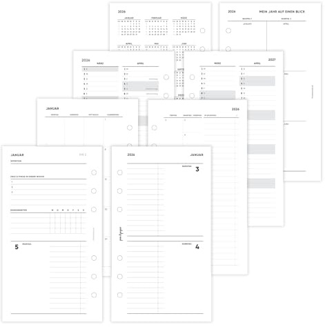 pen & pages® Kalender 2026 1 Woche auf 4 Seiten 1 Woche auf 2 Seiten Personal 9,5 x 17,1 cm Einlage für Ringbuch mit Monatsübersicht Jahresübersicht DACH Feiertagen 6 fach Lochung (All-in-One)