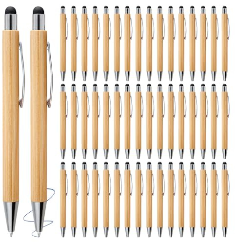 50 Stück Bambus Kugelschreiber mit Touchpen, Holz Kugelschreiber Schreibgerät, Natur und Umweltfreundlich, Touch Druckkugelschreiber, Holzkugelschreiber für Schreiben Bürobedarf Haushalt, Stifte Blau