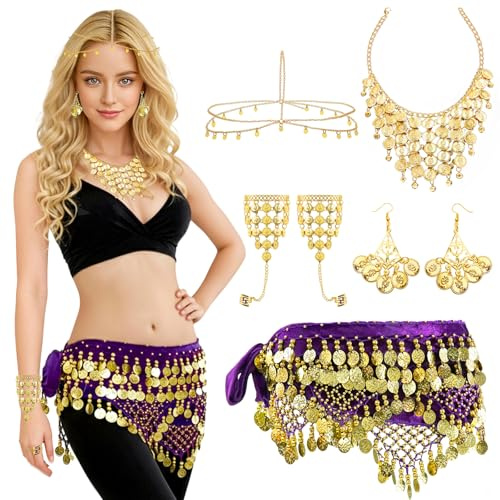 Baisdan 7 Pezzi Cintura e Sciarpe di Danza del Ventre Set, con Orecchini, Collana, Braccialetti, Copricapo a Monete d'oro, per Halloween, Carnevale, Spettacoli