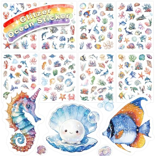 Ocean Glitzer Sticker für Kinder, 8PCS Glitzereffekt Über 200 Motiv Ocean Aufkleber, Wasserdicht Glitzersticker, Scrapbooking, Fotoalbum, Geschenke