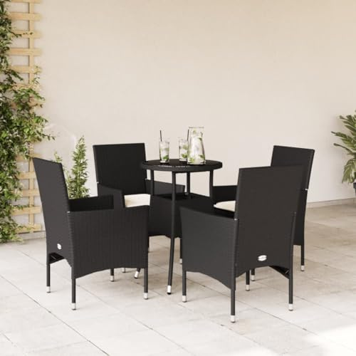 5-TLG. Garten-Essgruppe Schwarz aus wetterfestem Poly Rattan, runder Glastisch, 4 Stühle mit bequemen Kissen, UV-beständig, für Terrasse, Balkon, Garten