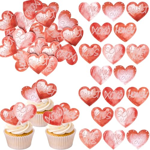 64 Stück Essbare Happy Valentine's Day Cupcake Toppers Essbar Süße Liebe Be Mine Tortendeko Waffelpapier Kiss Me Love Kuchen Deko für Valentinstag Thema Geburtstag Party Kuchen Dekorationen Rot