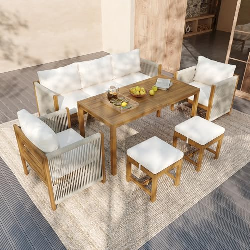 BTM 7-Seater Patio Dining Set with Acacia Wood Frame & Tabletop, Garden Furniture Set with Rope Weaving and All Chairs & Backrest Cushions, Beige