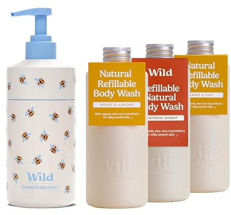 Wild Kit de Gel Douche Rechargeable - Boîtier en Aluminium Abeille et Lot de 3 Recharges de Gel Douche Variés - 95% d'Ingrédients Naturels - Honey & Almond, Amber & Oud, Santorini Sunset
