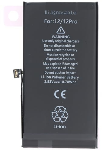 Batteria compatibile con Apple iPhone 12/12 Pro, diagnosticabile, polimeri di litio, 3,83 V, 2815 mAh, 10,78 Wh, senza attrezzi