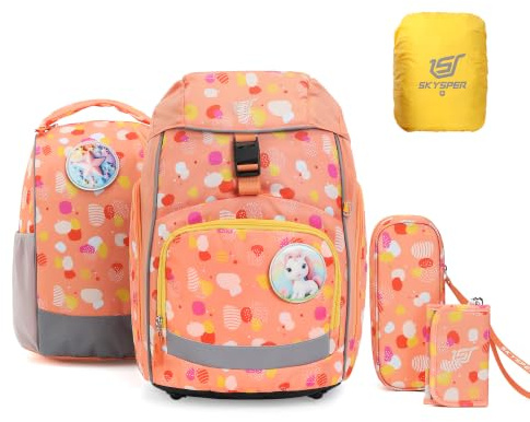 SKYSPER Schulranzen-Set 5-teilig, Schulrucksack Ergonomischer Tragesystem | Schulranzen mit Regenhülle, 360 Grad Reflexstreifen, für Mädchen Jungen Kinder 1. klasse Outdoor Aktivitäten