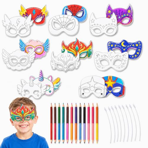 8 Stück Superhelden Masken zum Bemalen für Kinder Geburtstag | DIY Masken Basteln Kinder aus 300 g/m² Karton mit 12 doppelseitigen Buntstiften in 24 Farben und 8 Gummibändern
