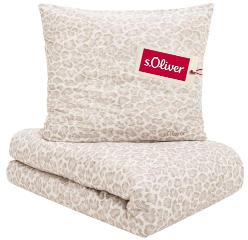 s.Oliver Satin-Flanell Bettwäsche 135x200 cm beige Leo - 100% Baumwolle | 2in1 Kombibettwäsche Leomuster, 2-teilig Set inkl. Kissenbezug 80x80 cm, waschbares Bettwäsche-Set mit Reißverschluss