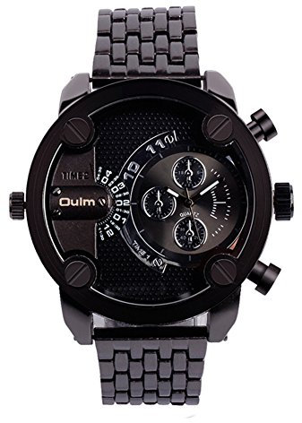 FENKOO Herren Militäruhr Quartz Duale Zeitzonen Edelstahl Band Armbanduhr Gold (Schwarz)