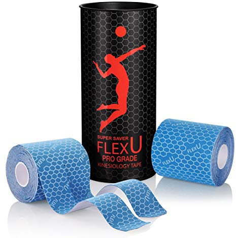 FLEXU Bleu Bande de Kinésiologie : Un Ruban de Sport Ultra Large et de Haute qualité. 2 Rouleaux, 40 Bandes pré-découpées (7,5x25 cm).