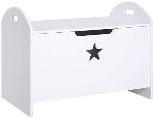 HOMCOM Kids Wooden Toy Box Organizer Children's Toy Storage with Lid Safety Hinge Side Handle Playroom Furniture White