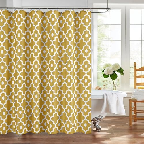 Biscaynebay Rideaux de douche extra longs en tissu texturé - 183 cm de large x 213,4 cm de long - Imprimé perles du Maroc doré - Rideau de salle de bain décoratif de luxe - Lavable en machine