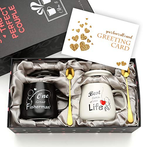 One Great Fisherman, Best Catch of His Life Coffee Couple Mugs Gift Set - Unique Engagement Wedding Gift for Couples - Funny Idea for Lovers Friends Valentine's Day Gifts - 15 OZ
