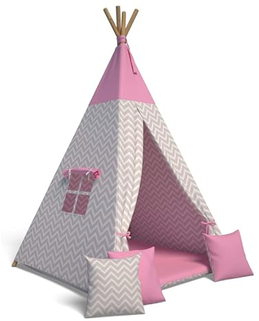 Best For Kids Spielzelt Tipi Zelt Indianer Wigwam für Kinder mit Zubehör (Zick-Zack-Rosa)