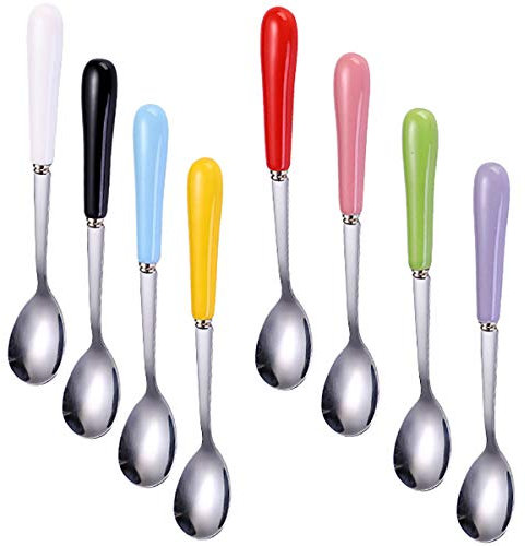 Goeielewe Set of 8 Dinner Spoons, Stainless Steel Iced Teaspoon with Ceramic Handle Soup Tablespoons Espresso Candy-Colored Coffee Spoons Mixing Spoon 5.7-Inch Long - Mixed Color