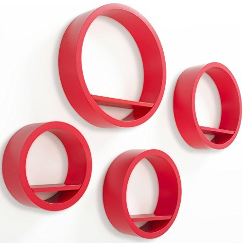 Floordirekt Rundregal Milano | 4-teiliges Wandregal-Set | Matte Lackierung | Integrierte Halterung auf der Rückseite | Rund (Rot)