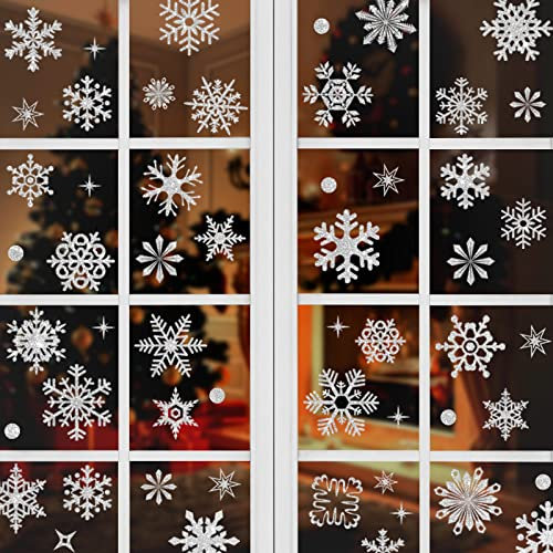 Fenstersticker Weihnachten, 93 Stück Schneeflocke Fensterbilder Weihnachten Selbstklebend Weihnachtsdeko Wiederverwendbare Winter Deko Fensteraufkleber für Fenster Display Dekoration (9 Bögen, Silber)