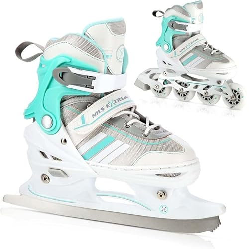 Nils Extreme Pattini in linea 2 in 1 per bambini e adulti, pattini in linea con cuscinetti ACEB7, pattini da ghiaccio per bambini, regolabili 34-38, colore bianco e blu, NH18191