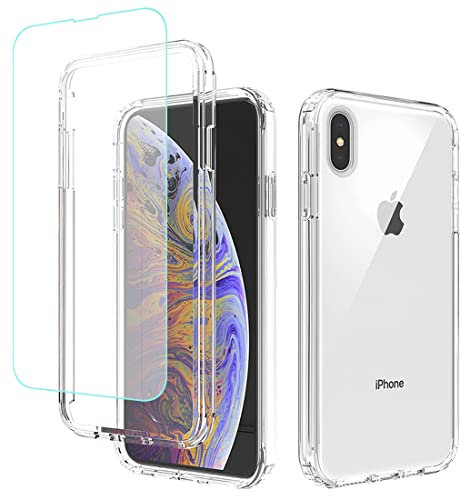 Jhxtech for iPhone XS Max Case with Tempered-Glass Screen Protector, Clear Full Body Protective Hard PC Shell TPU Bumper Cover Cases for Apple iPhone XS Max 6.5 (clear)