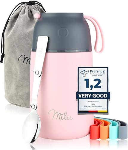 Milu® Thermobehälter für Essen 650ml, Edelstahl Warmhaltebehälter mit Löffel, Thermobecher Essen, Thermo Lunchbox für Kinder, Erwachsene, Thermobox Suppen, Babybrei, Speisebehälter Rosa, 650ml