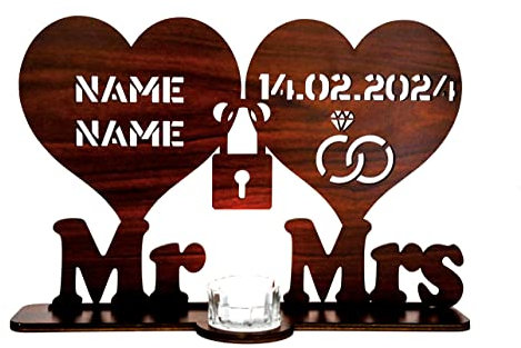 Waluna® Hochzeitsgechenk Mr Mrs für Brautpaar Liebesgeschenk Teelichthalter Hochzeitsdeko mit Zwei Namen und Datum Herzen zum Jahrestag Hochzeit mit Kerzen in 12 Farben